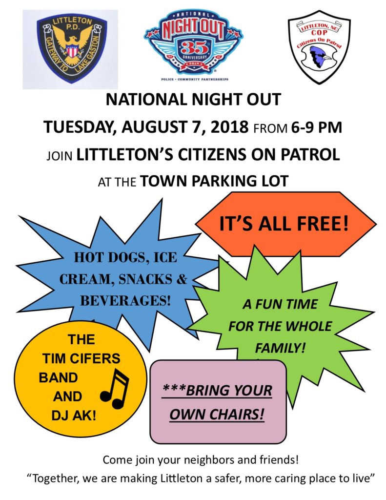 National Night Out Tuesday, August 7th 2018 from 6-9pm at the Town Parking Lot